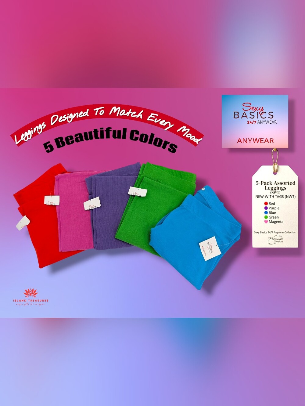 NWT Sexy Basics Sz M 5-Pack Assorted Leggings Red Purple Blue Green Magenta